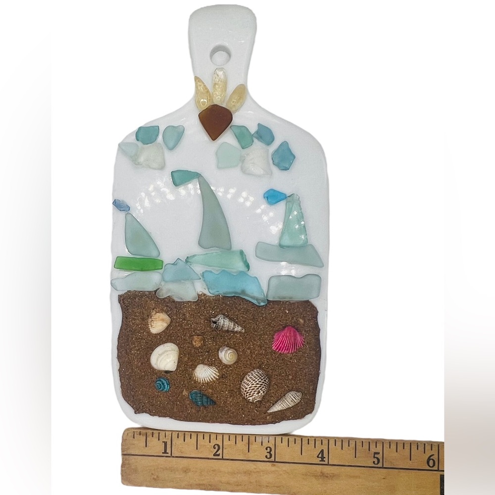 Artisan Crafted Ceramic Board Sailboat Scene W Sea Glass Citrine, Sand Seashells - Picture 10 of 12